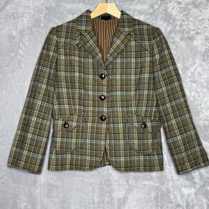Vintage Express Blazer Womens 10 Brown Blue Tartan Plaid 3 Button Lined Menswear